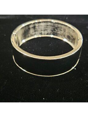 Wide silver tone & Black Enamel magnetic Hinged Cuff Bracelet